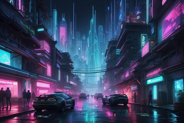 In a neonlit metropolis visualize a cyberpunk cityscape seamlessly merging with pulsating circuitry reflecting the interconnected nature of urban life and technology