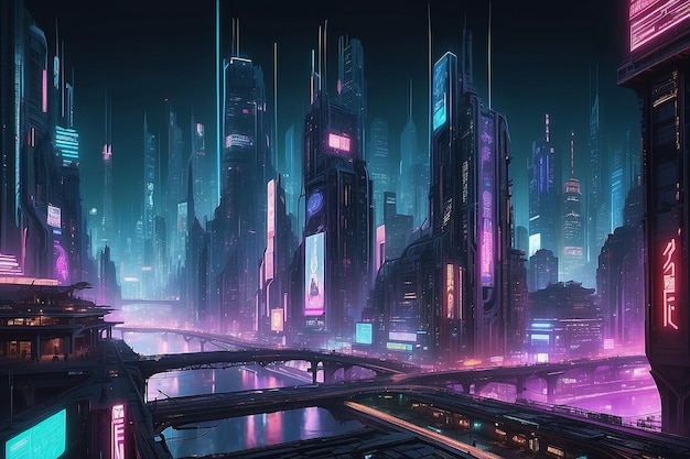 In a neonlit metropolis visualize a cyberpunk cityscape seamlessly merging with pulsating circuitry reflecting the interconnected nature of urban life and technology