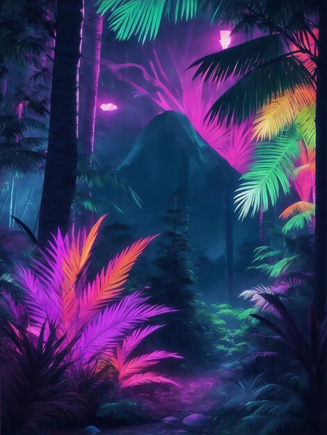 Photo neonlit mountains loom casting an otherworldly glow over the forest