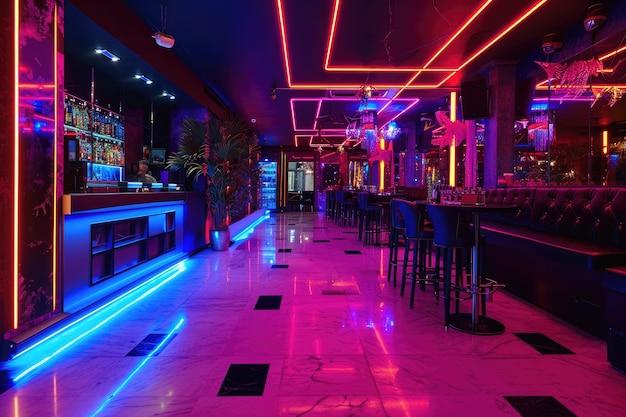 Neonlit nightclub interior with a lively atmosphere Vibrant nightclub interior adorned with neon lights creating a lively ambiance