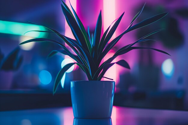 NeonLit Potted Plant in a Modern Cafe with Colorful Abstract Background