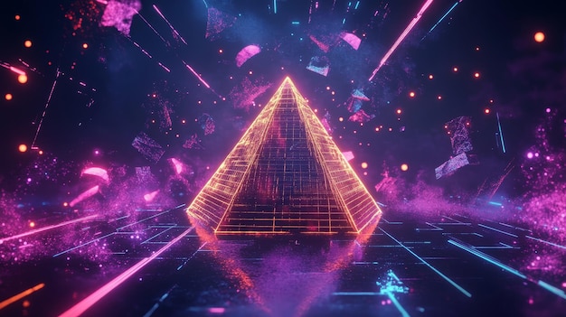 Photo neonlit pyramids on a digital grid glowing with vibrant orange and blue hues creating a futuristic and scifiinspired atmosphere