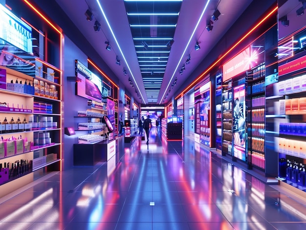 Neonlit retail corridor