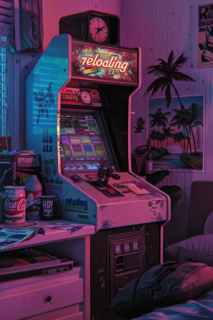 Photo neonlit retro arcade machine in a moody setting