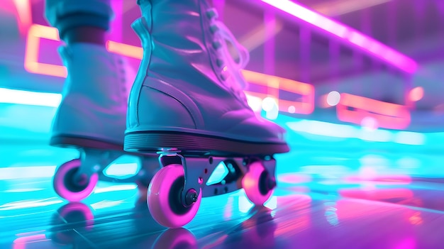 NeonLit Retro Roller Rink with Vaporwave Aesthetic and Glowing Skates