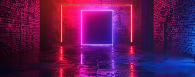 A neonlit room with a brick wall and a neon sign