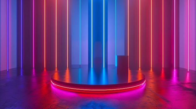 Neonlit Room with Round Table Photograph