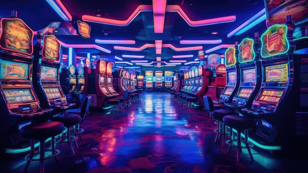 Neonlit Slot Machines in Modern Casino Gaming Area