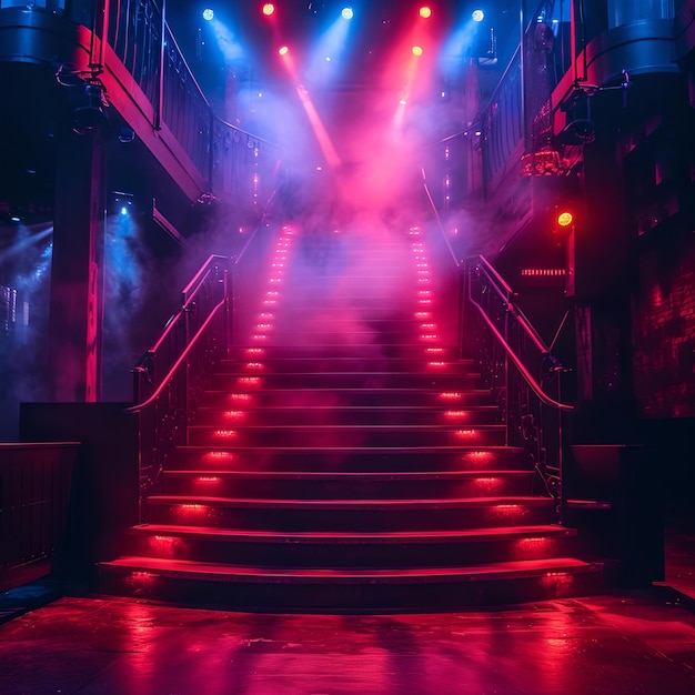 Neonlit staircase in a nightclub atmosphere with vivid pink and blue lights mysterious and trendy generative AI