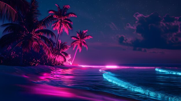 Photo neonlit tropical beach at night with glowing palm trees and bioluminescent waves