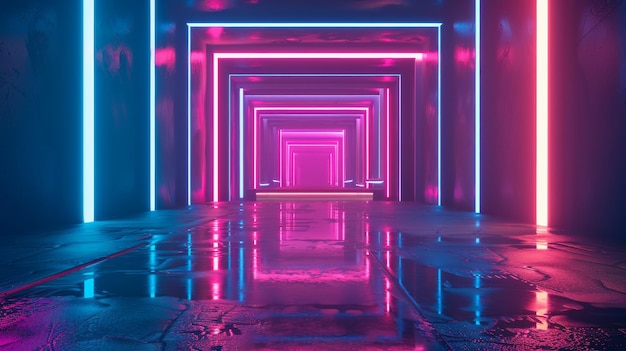 Neonlit tunnel drenched in vibrant pink and blue hues creating an infinite futuristic and immersive visual experience