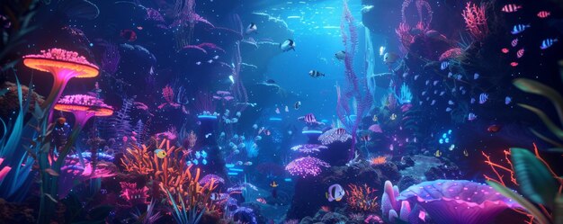 A neonlit underwater scene with glowing sea creatures plants and coral creating a magical and