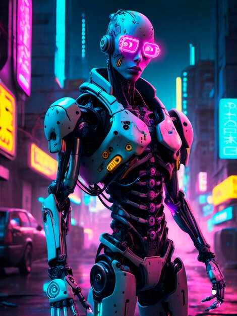 Photo neonpunk cyborg a cyberpunk character with biotech enhancements including a robotic arm