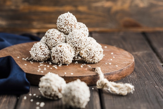 Nergy balls of nuts oats and dates with sesame seeds