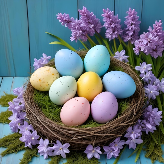 Photo a nest of easter eggs with purple flowers in the background