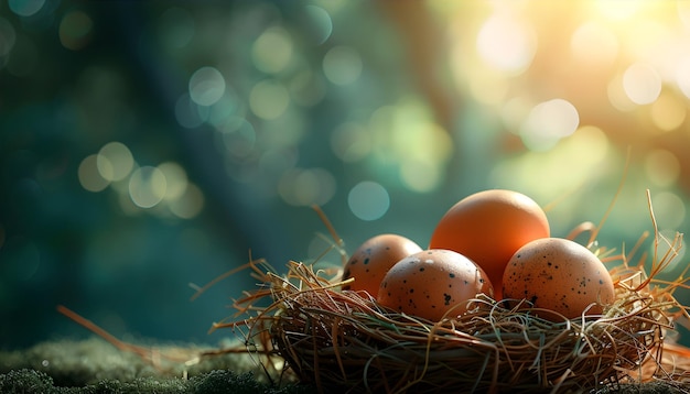 a nest of eggs with a bird nest in the background