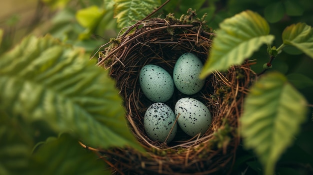 a nest of eggs with a green leaf and a blue bird nest