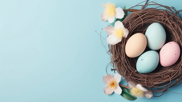 A nest with blue eggs and flowers on a blue background.