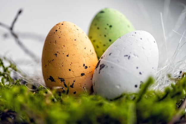 Nest with colored Easter eggs isolated on a light defocused background easter decorations closeup