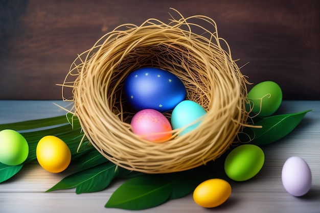 A nest with colorful easter eggs on a wooden table