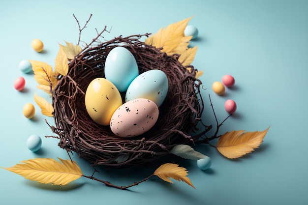 A nest with colorful eggs on a blue background