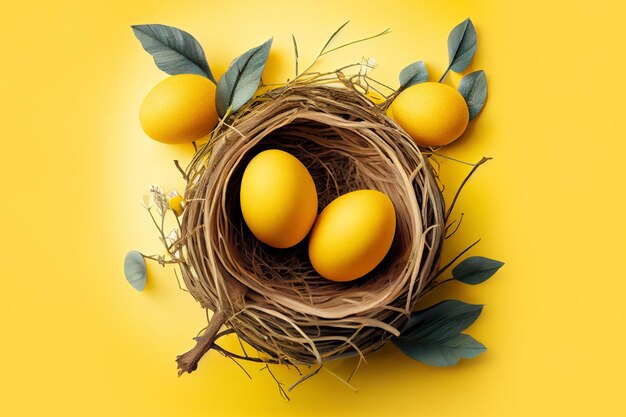 Nest with easter eggs over yellow background Generative Ai