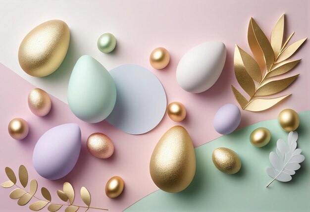 Nest with pastel and gold decor stylish elegant Easter background AI generated