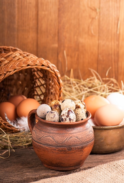 Nest with quail eggs on a canvas on a white surface