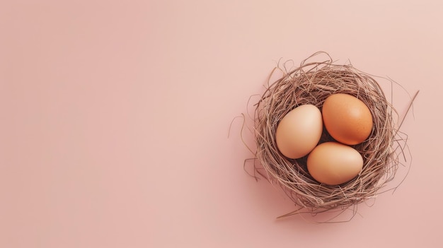 Photo a nest with three eggs on a plain pink background symbolizing simplicity fertility and natural beauty