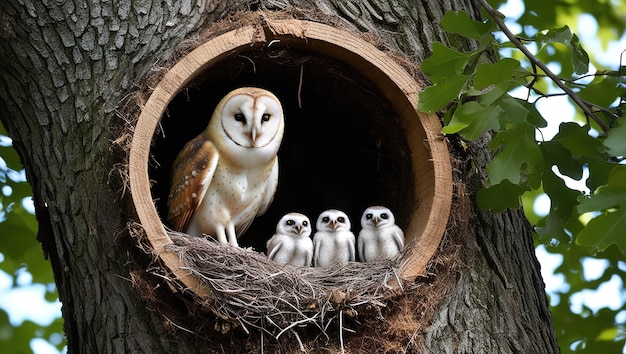 a nest with three owls in it including one of them