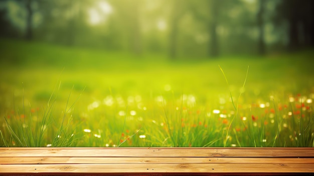 Nestled within the picturesque spring green meadow an empty wooden table is set against a bokeh background