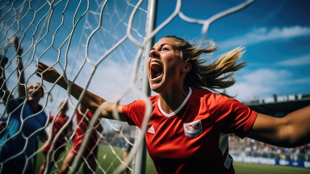 Photo behind the net women soccer player celebrating behind the goal net euphoria olympus omd em5 ma