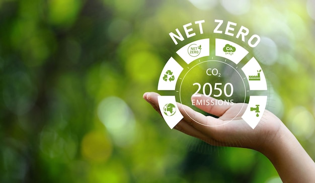 Net zero 2050 emissions icon concept in hand for the environment policy animation concept illustration Green renewable energy technology for a clean future environment