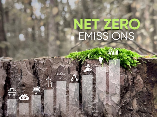 Photo net zero and carbon neutral concept net zero icons in green forest co2 reduce net zero