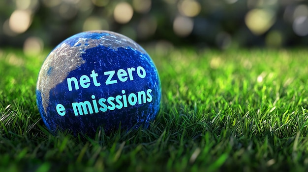 Photo net zero emissions text concept image against blue landscape