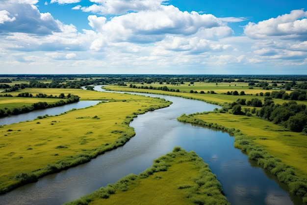 Netherlands landscape with meadows and river Aerial drone view Generative AI Art Beautiful view