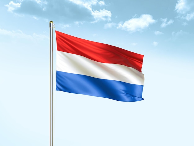 Netherlands national flag waving in blue sky with clouds Netherlands flag 3D illustration