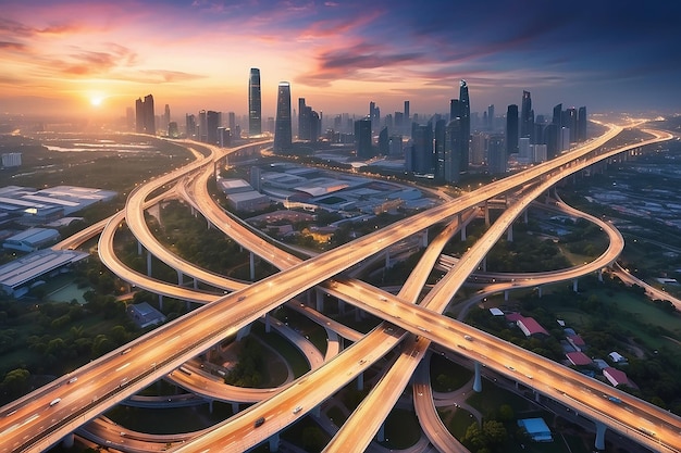 Network and Connection technology concept with Bangkok Expressway top view in panorama at sunrise Thailand