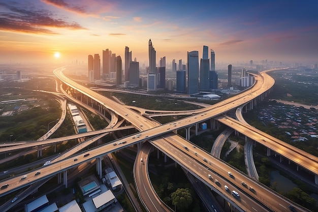 Network and Connection technology concept with Bangkok Expressway top view in panorama at sunrise Thailand