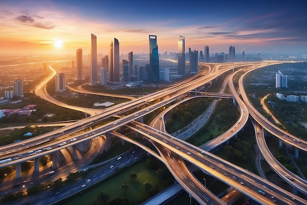 Network and Connection technology concept with Bangkok Expressway top view in panorama at sunrise Thailand