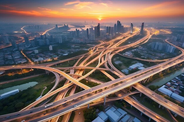 Network and Connection technology concept with Bangkok Expressway top view in panorama at sunrise Thailand