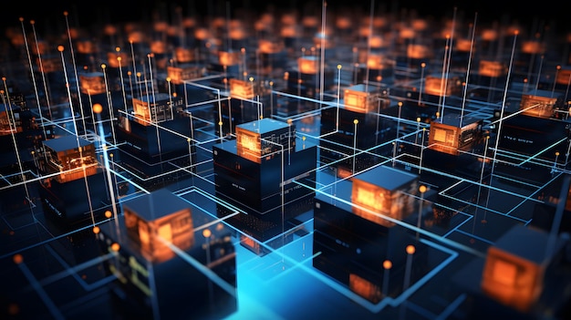 network of connections featuring iconography and data processing via servers running computers Data