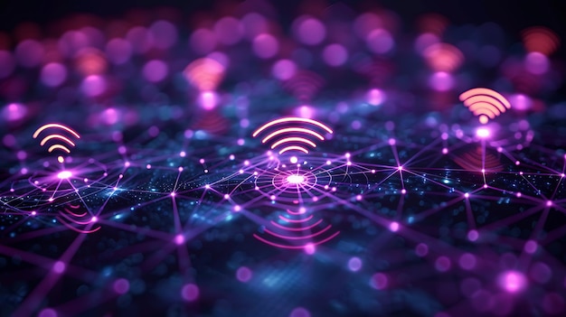 Photo network connections with wifi signals illuminating a digital circuit board