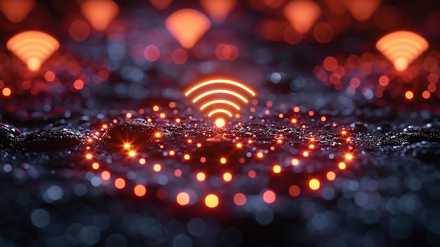 Photo network connections with wifi signals illuminating a digital circuit board