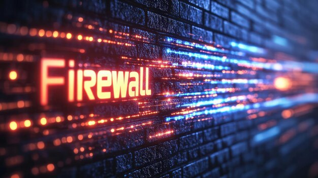 Photo network firewall with data streams the word firewall in the digital flames