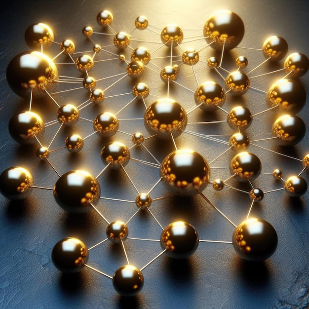 A network of golden spherical nodes connected by thin white lines on a dark textured surface