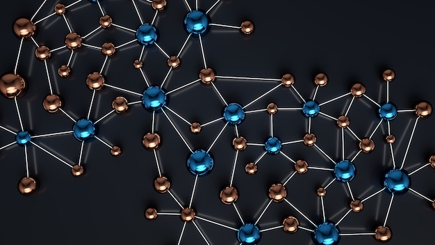 Network of interconnected units. Metallic spheres joined by light. 3D Illustration.