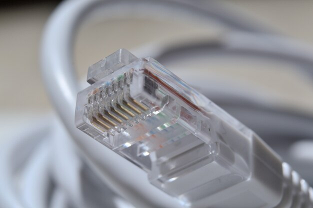 network LAN cable white with a connector rj 45. close-up.