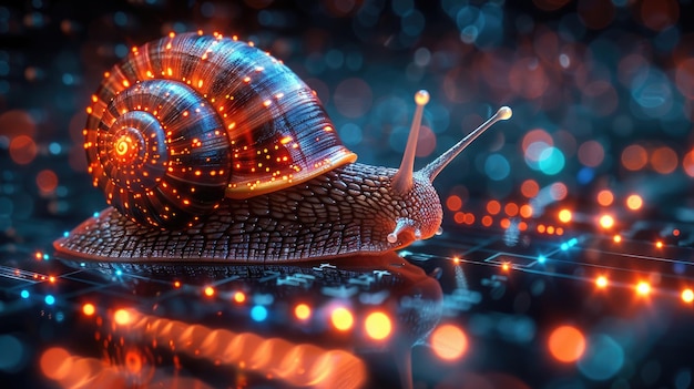 Network latency concept with snail and stopwatch on a digital background slow data transfer symbol