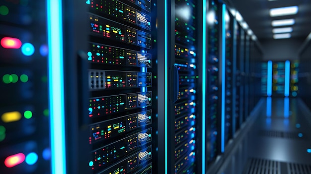 Photo network server room with rows of server racks for digital data storage